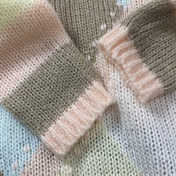 VINTAGE 80s NUGGETS Chunky Open Knit Mock Neck Sweater Pastel Pink Yellow Medium - Picture 6 of 6